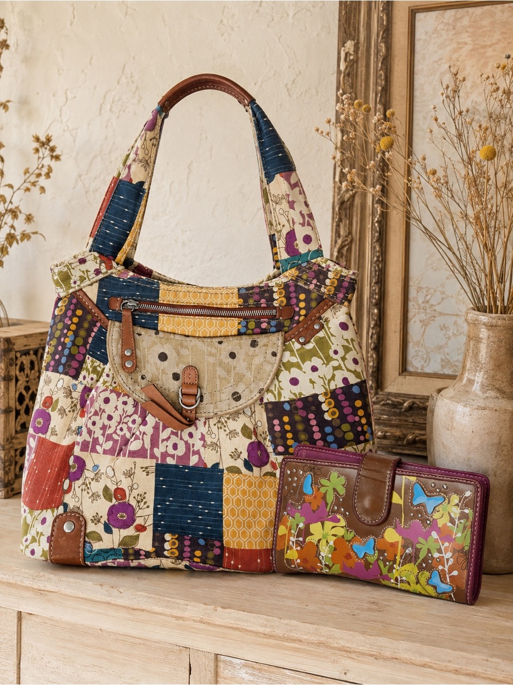 Fossil Patchwork Floral Canvas Shoulder Bag + Wallet Boho Y2K cottagecore